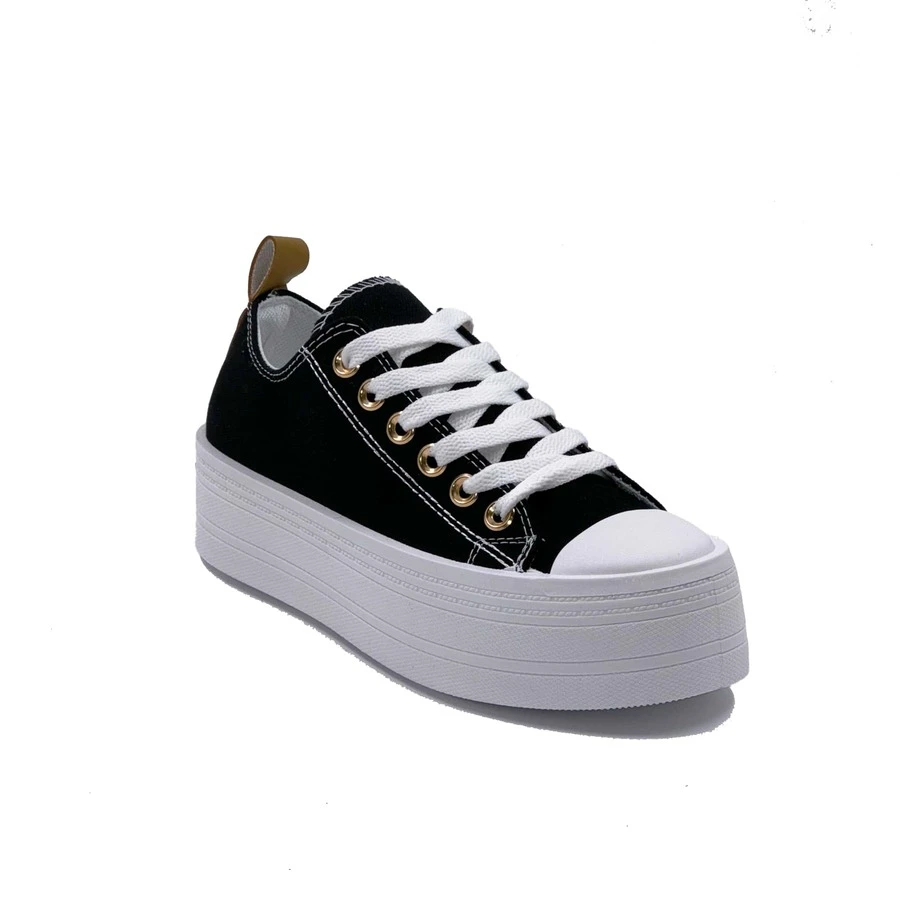 Scarpe casual da donna in tela con plateau, semplici, stile preppy, con lacci - nero - Visualizzare 1