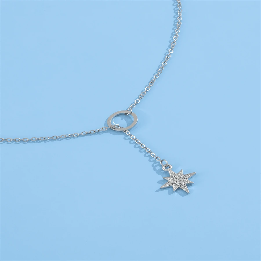 1pc Minimalist Circle And Octagonal Star Pendant Necklace, Suitable For Everyday Wear - Silver - View 1