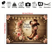 1 pieza Pancarta de fondo con botas de vaquero estilo occidental, hecha de poliéster, sombrero de vaquero floral, grano de madera vintage, flores rosas y blancas con follaje verde, texto de feliz cumpleaños, decoración para fiesta de boda campestre, telón de fondo para fotografía, decoración para eventos interiores y exteriores, accesorios para photocall, reutilizable, lavable, durable - Multicolor - Ver 5