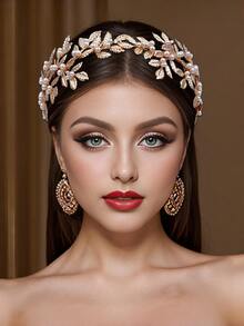 新娘金色头带，波西米亚合金叶婚礼花冠，手工制作的轻盈奢华新娘礼服发饰，优雅温柔的婚礼高髻发型头饰 HP353 - 金色 - 查看 4