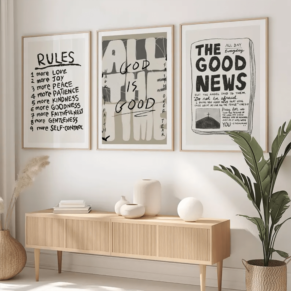Juego de 3 Obras de Arte Cristianas - Carteles de la Escritura 'Fruto del Espíritu', Impresiones de Versículos Bíblicos 'Dios es Bueno', Decoración de Lienzo de Estética Neutral para el Hogar, la Iglesia y el Dormitorio, Regalo de Fe Ilustrado a Mano, sin Marco