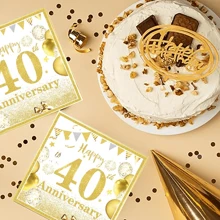 20pcs 40th Wedding Anniversary Party Napkins, Gold Birthday Decorations, 40 Year Theme Birthday Party Tableware Plates Napkins Set, For 40th Wedding Anniversary Party