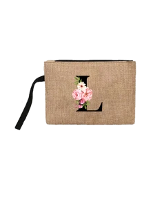 Conjunto com 2 peças: uma bolsa de linho cáqui com iniciais de flores rosa e uma pequena bolsa combinando, simples e elegante, bolsa personalizada para presente de casamento para madrinhas, bolsa de maquiagem, bolsa de viagem simples para armazenamento, carteira de cosméticos de cor sólida, bolsa de maquiagem de viagem com grande capacidade: a combinação perfeita para belezas ao ar livre! Adequada para casamentos, aniversários e praia.