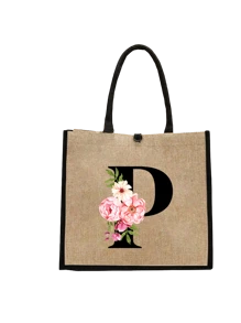 Conjunto com 2 peças: uma bolsa de linho cáqui com iniciais de flores rosa e uma pequena bolsa combinando, simples e elegante, bolsa personalizada para presente de casamento para madrinhas, bolsa de maquiagem, bolsa de viagem simples para armazenamento, carteira de cosméticos de cor sólida, bolsa de maquiagem de viagem com grande capacidade: a combinação perfeita para belezas ao ar livre! Adequada para casamentos, aniversários e praia.
