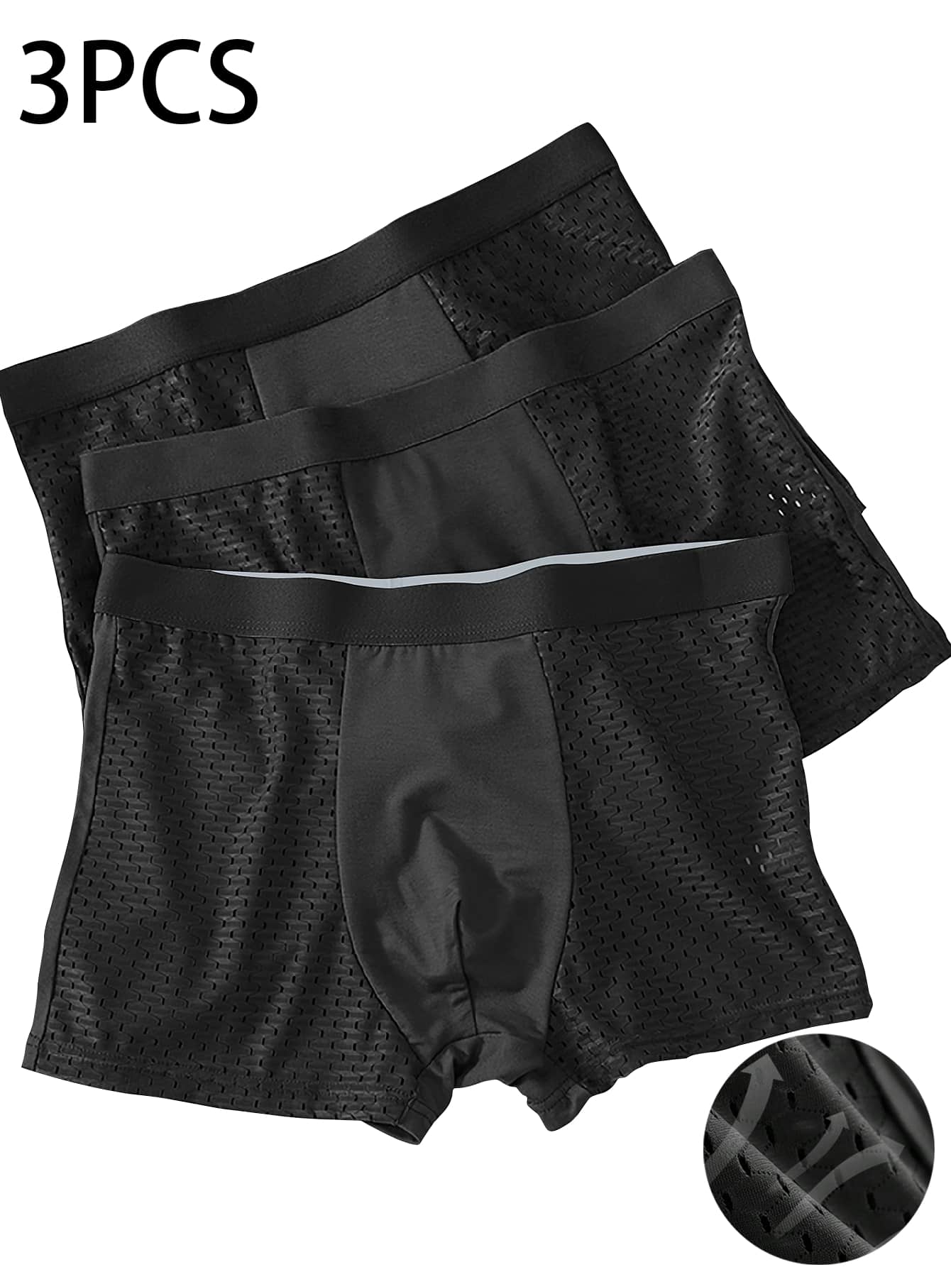 Juego de 3 piezas de ropa interior de boxeador para hombres, pantalones cortos unicolor de malla de seda de hielo, pantalones cortos planos informales para hombres de talla grande - Negro - Ver 1