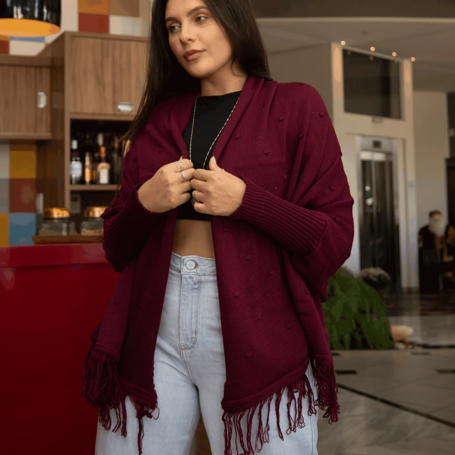 Plus Size Blouse Poncho Kimono Knit Cape Autumn Winter Fringe - 紅木色 - 查看 1