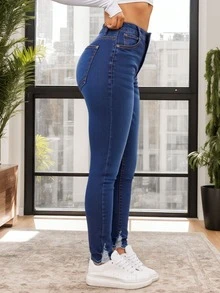 Jeans pitillo con dobladillo sin acabar - Azul - Ver 4