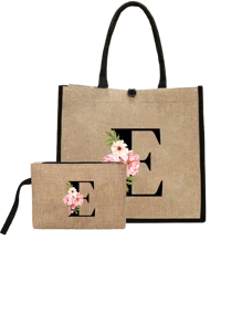 Conjunto com 2 peças: uma bolsa de linho cáqui com iniciais de flores rosa e uma pequena bolsa combinando, simples e elegante, bolsa personalizada para presente de casamento para madrinhas, bolsa de maquiagem, bolsa de viagem simples para armazenamento, carteira de cosméticos de cor sólida, bolsa de maquiagem de viagem com grande capacidade: a combinação perfeita para belezas ao ar livre! Adequada para casamentos, aniversários e praia.