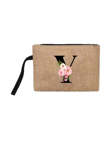 Conjunto com 2 peças: uma bolsa de linho cáqui com iniciais de flores rosa e uma pequena bolsa combinando, simples e elegante, bolsa personalizada para presente de casamento para madrinhas, bolsa de maquiagem, bolsa de viagem simples para armazenamento, carteira de cosméticos de cor sólida, bolsa de maquiagem de viagem com grande capacidade: a combinação perfeita para belezas ao ar livre! Adequada para casamentos, aniversários e praia.