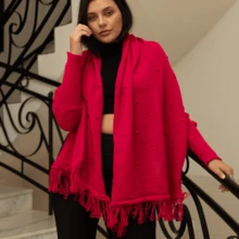 Plus Size Blouse Poncho Kimono Knit Cape Autumn Winter Fringe - 玫紅色 - 查看 1