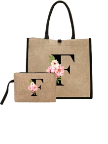 Conjunto com 2 peças: uma bolsa de linho cáqui com iniciais de flores rosa e uma pequena bolsa combinando, simples e elegante, bolsa personalizada para presente de casamento para madrinhas, bolsa de maquiagem, bolsa de viagem simples para armazenamento, carteira de cosméticos de cor sólida, bolsa de maquiagem de viagem com grande capacidade: a combinação perfeita para belezas ao ar livre! Adequada para casamentos, aniversários e praia.