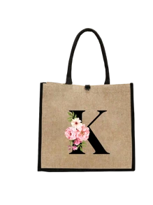 Conjunto com 2 peças: uma bolsa de linho cáqui com iniciais de flores rosa e uma pequena bolsa combinando, simples e elegante, bolsa personalizada para presente de casamento para madrinhas, bolsa de maquiagem, bolsa de viagem simples para armazenamento, carteira de cosméticos de cor sólida, bolsa de maquiagem de viagem com grande capacidade: a combinação perfeita para belezas ao ar livre! Adequada para casamentos, aniversários e praia.