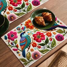 4 Stücke/6 Stücke mexikanische Tischsets ohne Stickerei Muster mit Vögeln und Blumen, modernes bedrucktes Tischset, für Esszimmertisch, Küche, Party, Innenbereich, Feiertage, Abendessen und Heimdekoration (Tischsets) 12x18 Inch