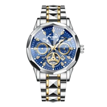 Men's Sport Watch - Official Authorized By POSHI Multifunctional Chronograph With 30M Waterproof & Luminous Nightlight, Stainless Steel Band, 2-Year Warranty For Business, Gym & Casual (2 Colors)