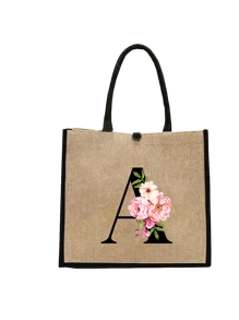 Conjunto com 2 peças: uma bolsa de linho cáqui com iniciais de flores rosa e uma pequena bolsa combinando, simples e elegante, bolsa personalizada para presente de casamento para madrinhas, bolsa de maquiagem, bolsa de viagem simples para armazenamento, carteira de cosméticos de cor sólida, bolsa de maquiagem de viagem com grande capacidade: a combinação perfeita para belezas ao ar livre! Adequada para casamentos, aniversários e praia.