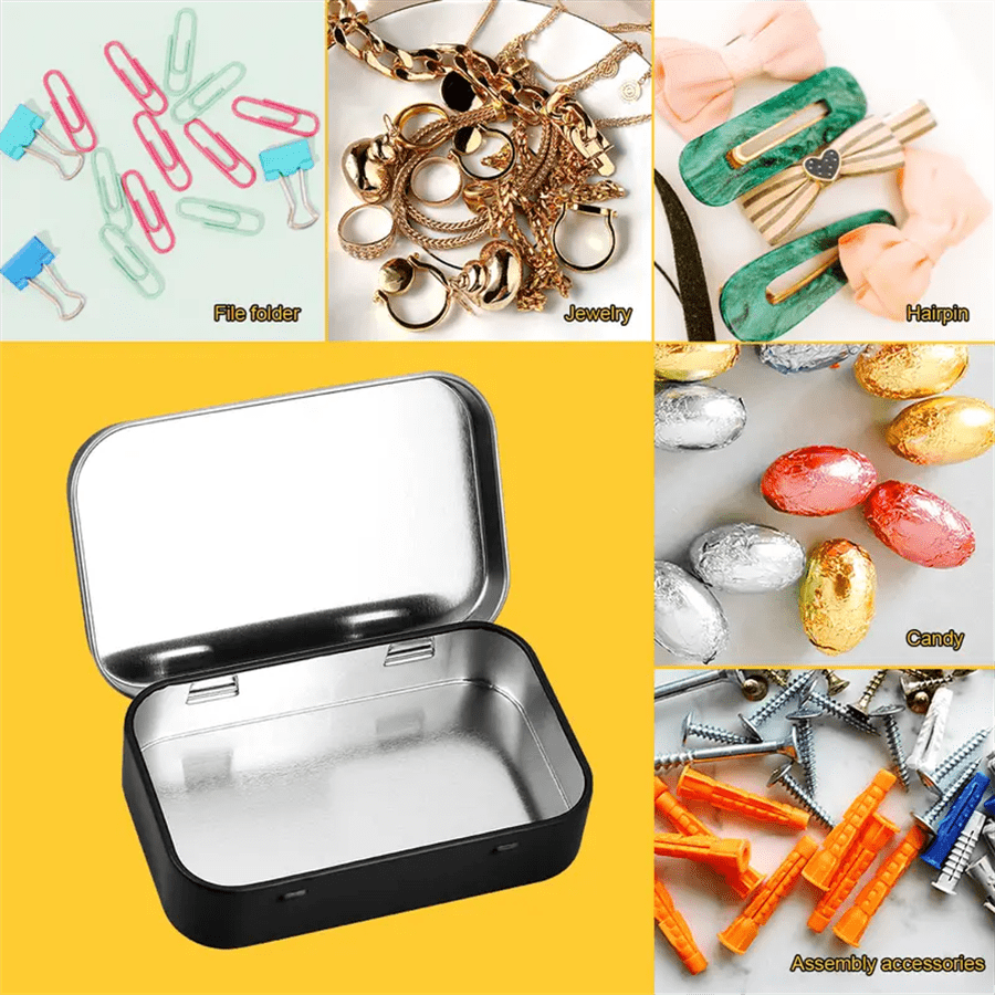 3pcs Metal Rectangular Tin Cans With Hinged Lids - Mini Portable Storage Containers For Jewelry, Crafts, Gifts, Pills, Candy, Matches, Soap - Home Organization And Sewing Storage Boxes