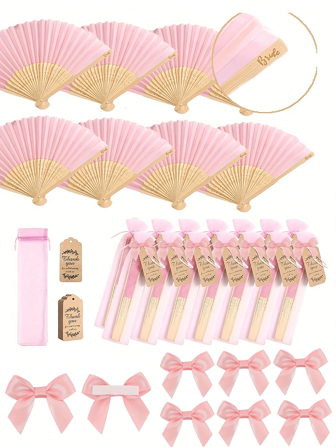 3/4pcs Soft Pink Silk Fabric Wooden Folding Hand Fan Gift Bag Thank You Card Set, Bridal Bamboo Handheld Folding Fan Ribbon & Bow Decor, Bachelorette Party Bridal Shower Decoration, Bridesmaid Bamboo Folding Fan, Photo Prop, Bridal Party Gifts, Wedding Decoration, Suitable For Gatherings And Events, Summer Accessory, Ladies Folding Fan
