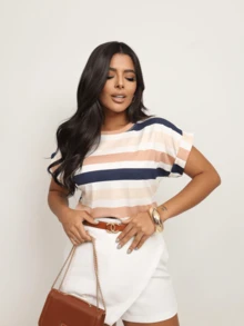 Blusa Feminina Manga Japonesa Dobrada Listrada Charmosa e Estilosa - Azul / Nude - Visão 6