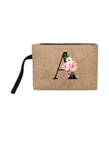 Conjunto com 2 peças: uma bolsa de linho cáqui com iniciais de flores rosa e uma pequena bolsa combinando, simples e elegante, bolsa personalizada para presente de casamento para madrinhas, bolsa de maquiagem, bolsa de viagem simples para armazenamento, carteira de cosméticos de cor sólida, bolsa de maquiagem de viagem com grande capacidade: a combinação perfeita para belezas ao ar livre! Adequada para casamentos, aniversários e praia.