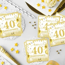 20pcs 40th Wedding Anniversary Party Napkins, Gold Birthday Decorations, 40 Year Theme Birthday Party Tableware Plates Napkins Set, For 40th Wedding Anniversary Party