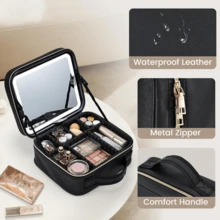 NetHong Large Makeup Bag With LED Mirror Vanity Case Beauty Box Make Up Travel Cosmetic Bag Holiday Essentials UK Back To School - Black - View 3