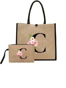 Conjunto com 2 peças: uma bolsa de linho cáqui com iniciais de flores rosa e uma pequena bolsa combinando, simples e elegante, bolsa personalizada para presente de casamento para madrinhas, bolsa de maquiagem, bolsa de viagem simples para armazenamento, carteira de cosméticos de cor sólida, bolsa de maquiagem de viagem com grande capacidade: a combinação perfeita para belezas ao ar livre! Adequada para casamentos, aniversários e praia.