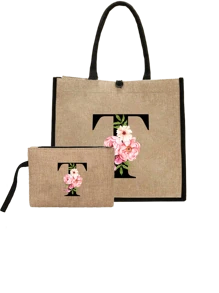 Conjunto com 2 peças: uma bolsa de linho cáqui com iniciais de flores rosa e uma pequena bolsa combinando, simples e elegante, bolsa personalizada para presente de casamento para madrinhas, bolsa de maquiagem, bolsa de viagem simples para armazenamento, carteira de cosméticos de cor sólida, bolsa de maquiagem de viagem com grande capacidade: a combinação perfeita para belezas ao ar livre! Adequada para casamentos, aniversários e praia.