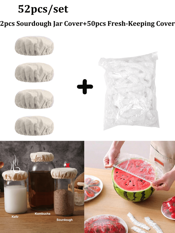 52 pièces/set Couvercle de bocal de levain + couvercle de conservation de la fraîcheur, couvercles de bocal de fermentation réutilisables et lavables, couvercles en tissu de paille de blé élastique, couvercle hermétique étirable pour garder les aliments frais, couvercle de légume facile à utiliser