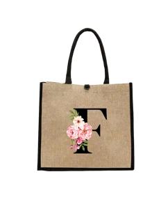 Conjunto com 2 peças: uma bolsa de linho cáqui com iniciais de flores rosa e uma pequena bolsa combinando, simples e elegante, bolsa personalizada para presente de casamento para madrinhas, bolsa de maquiagem, bolsa de viagem simples para armazenamento, carteira de cosméticos de cor sólida, bolsa de maquiagem de viagem com grande capacidade: a combinação perfeita para belezas ao ar livre! Adequada para casamentos, aniversários e praia.