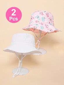 2pcs Kids White & Butterfly Pattern Summer Sun Ion Fishing Bucket Hat For Beach - White+Butterfly - View 5