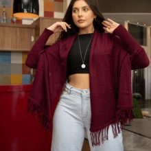 Plus Size Blouse Poncho Kimono Knit Cape Autumn Winter Fringe - 紅木色 - 查看 2