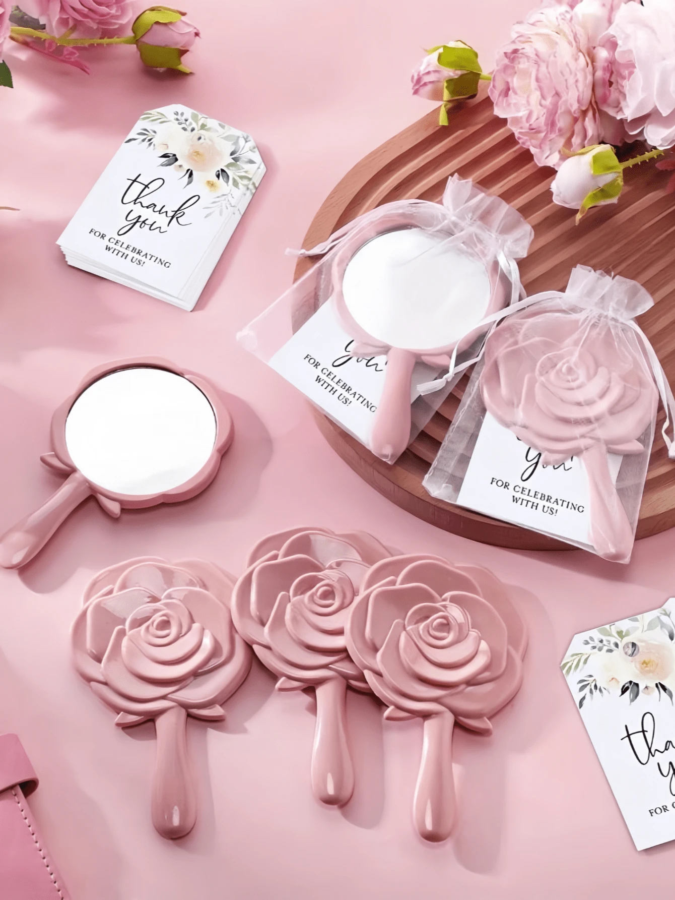 30 件/10 套新娘赠品套装 - 玫瑰图案塑料镜子、感谢卡和欧根纱袋 - 非常适合婚礼派对礼物和伴娘礼物母亲节毕业典礼 - Style A - 查看 1