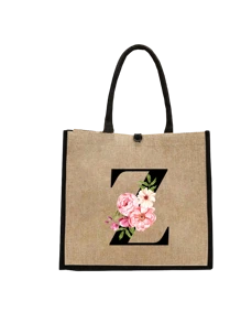 Conjunto com 2 peças: uma bolsa de linho cáqui com iniciais de flores rosa e uma pequena bolsa combinando, simples e elegante, bolsa personalizada para presente de casamento para madrinhas, bolsa de maquiagem, bolsa de viagem simples para armazenamento, carteira de cosméticos de cor sólida, bolsa de maquiagem de viagem com grande capacidade: a combinação perfeita para belezas ao ar livre! Adequada para casamentos, aniversários e praia.