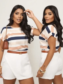Blusa Feminina Manga Japonesa Dobrada Listrada Charmosa e Estilosa - Azul / Nude - Visão 4