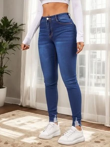 Jeans pitillo con dobladillo sin acabar - Azul - Ver 5