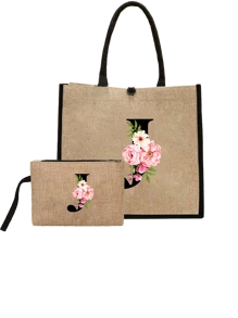 Conjunto com 2 peças: uma bolsa de linho cáqui com iniciais de flores rosa e uma pequena bolsa combinando, simples e elegante, bolsa personalizada para presente de casamento para madrinhas, bolsa de maquiagem, bolsa de viagem simples para armazenamento, carteira de cosméticos de cor sólida, bolsa de maquiagem de viagem com grande capacidade: a combinação perfeita para belezas ao ar livre! Adequada para casamentos, aniversários e praia.
