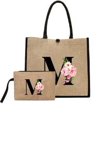 Conjunto com 2 peças: uma bolsa de linho cáqui com iniciais de flores rosa e uma pequena bolsa combinando, simples e elegante, bolsa personalizada para presente de casamento para madrinhas, bolsa de maquiagem, bolsa de viagem simples para armazenamento, carteira de cosméticos de cor sólida, bolsa de maquiagem de viagem com grande capacidade: a combinação perfeita para belezas ao ar livre! Adequada para casamentos, aniversários e praia.