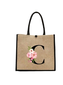 Conjunto com 2 peças: uma bolsa de linho cáqui com iniciais de flores rosa e uma pequena bolsa combinando, simples e elegante, bolsa personalizada para presente de casamento para madrinhas, bolsa de maquiagem, bolsa de viagem simples para armazenamento, carteira de cosméticos de cor sólida, bolsa de maquiagem de viagem com grande capacidade: a combinação perfeita para belezas ao ar livre! Adequada para casamentos, aniversários e praia.