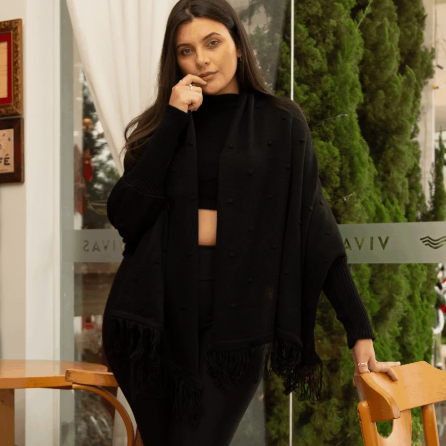 Plus Size Blouse Poncho Kimono Knit Cape Autumn Winter Fringe - 黑色 - 查看 1