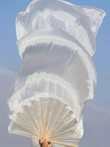 1pc Elegant White Belly Dance Fan With Long Bamboo Veil - Right-Handed Design, Flowing Ribbon Silk Fabric, Perfect For Parties, Performances & Cultural Events - Multicolor - View 4