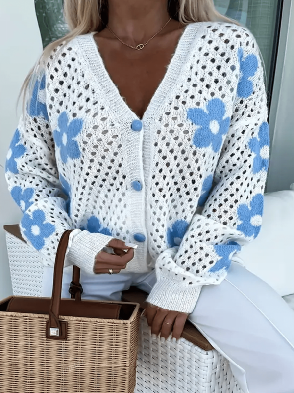Plus Size Women Floral Hollow-Out Knit Cardigan, Cute And Simple Design, , Long Sleeve, European & American Style