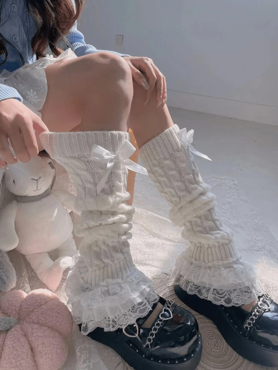 1 Pair Women White Lolita Bowknot Lace Trim Cable Knit Leg Warmers Christmas Gift