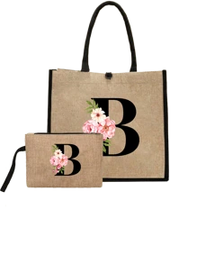 Conjunto com 2 peças: uma bolsa de linho cáqui com iniciais de flores rosa e uma pequena bolsa combinando, simples e elegante, bolsa personalizada para presente de casamento para madrinhas, bolsa de maquiagem, bolsa de viagem simples para armazenamento, carteira de cosméticos de cor sólida, bolsa de maquiagem de viagem com grande capacidade: a combinação perfeita para belezas ao ar livre! Adequada para casamentos, aniversários e praia.