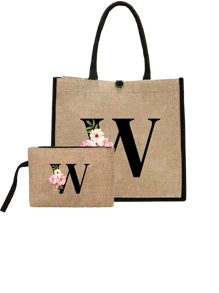 Conjunto com 2 peças: uma bolsa de linho cáqui com iniciais de flores rosa e uma pequena bolsa combinando, simples e elegante, bolsa personalizada para presente de casamento para madrinhas, bolsa de maquiagem, bolsa de viagem simples para armazenamento, carteira de cosméticos de cor sólida, bolsa de maquiagem de viagem com grande capacidade: a combinação perfeita para belezas ao ar livre! Adequada para casamentos, aniversários e praia.