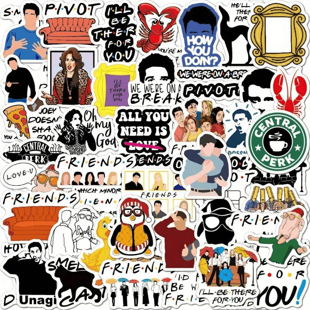 WB 50张贴纸，适用于笔记本电脑、iPad、行李箱、手机等，可爱卡通图案，适合送给家人朋友，作为独立日趣味礼物。粗犷贴纸、乙烯基贴纸、贴纸、朋友、贴纸、老友记电视剧 - 彩色 - 查看 1