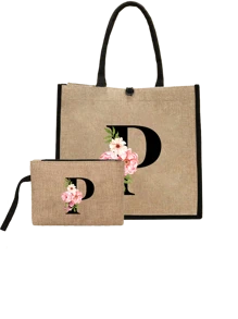 Conjunto com 2 peças: uma bolsa de linho cáqui com iniciais de flores rosa e uma pequena bolsa combinando, simples e elegante, bolsa personalizada para presente de casamento para madrinhas, bolsa de maquiagem, bolsa de viagem simples para armazenamento, carteira de cosméticos de cor sólida, bolsa de maquiagem de viagem com grande capacidade: a combinação perfeita para belezas ao ar livre! Adequada para casamentos, aniversários e praia.