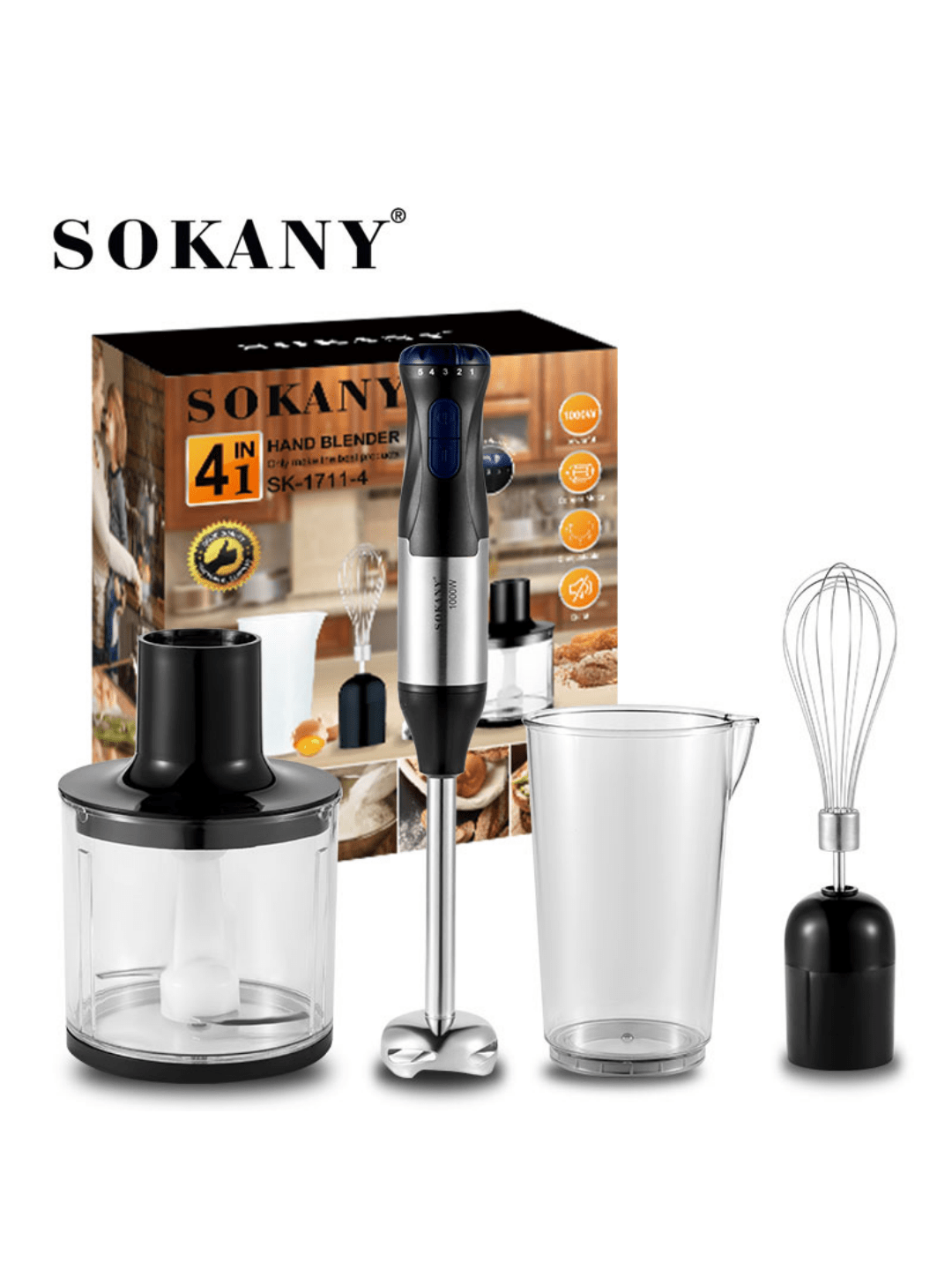 SOKANY Juego de batidora de mano 4 en 1, que incluye batidora de varilla multifunción, batidor, picadora y vaso, adecuado para procesar alimentos y mezclar comida para bebé