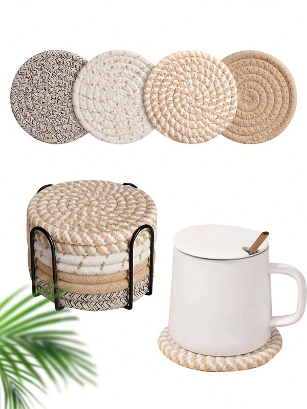 8Pcs Drink Coasters With Holder, Minimalist Table Woven Coasters,Kitchen Table Heat-Resistant Coasters And Thick Insulation Pads,4 Colors Absorbent Coaster Set For Home Decor Tabletop Protection Suitable For Kinds Of Cups, 4.3 Inches