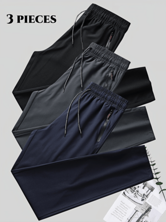 3 件装男女通用轻便快干休闲裤、运动慢跑裤、宽松抽绳腰长裤