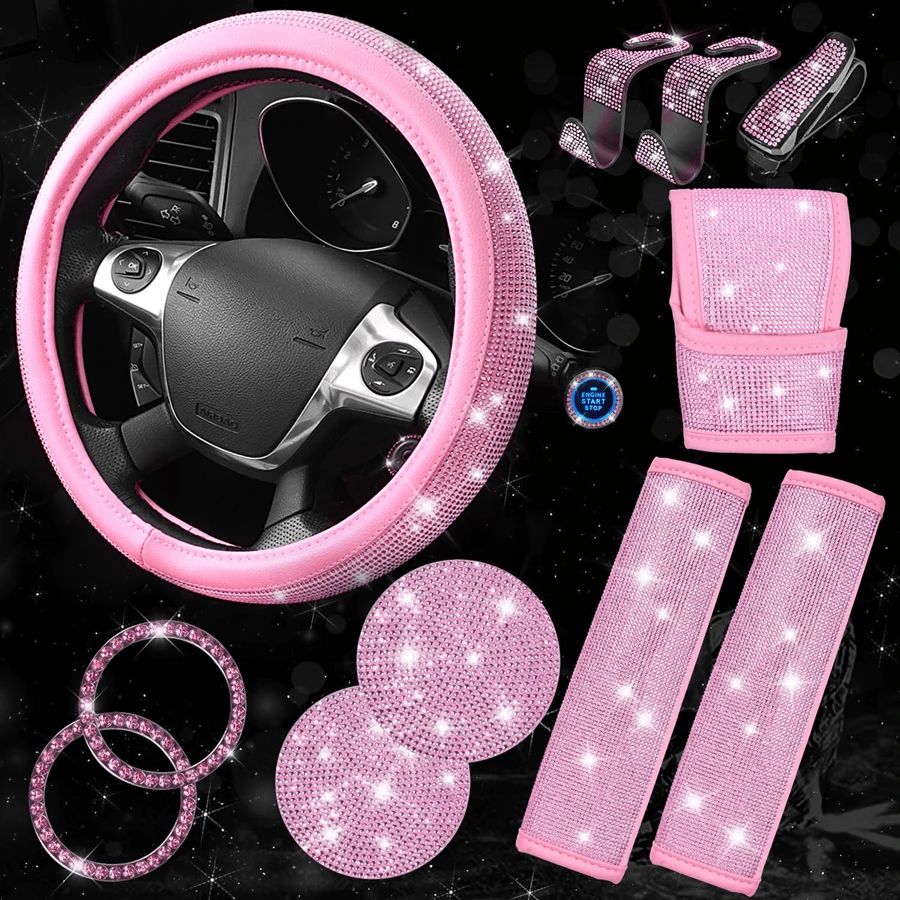 Set de 11 piezas de accesorios de carro color rosa con brillo para mujeres, incluye: Funda de volante con diamantes brillantes, cojín para cinturón de , perilla de cambios con brillo, posavasos y otros accesorios interiores de carro en color rosa